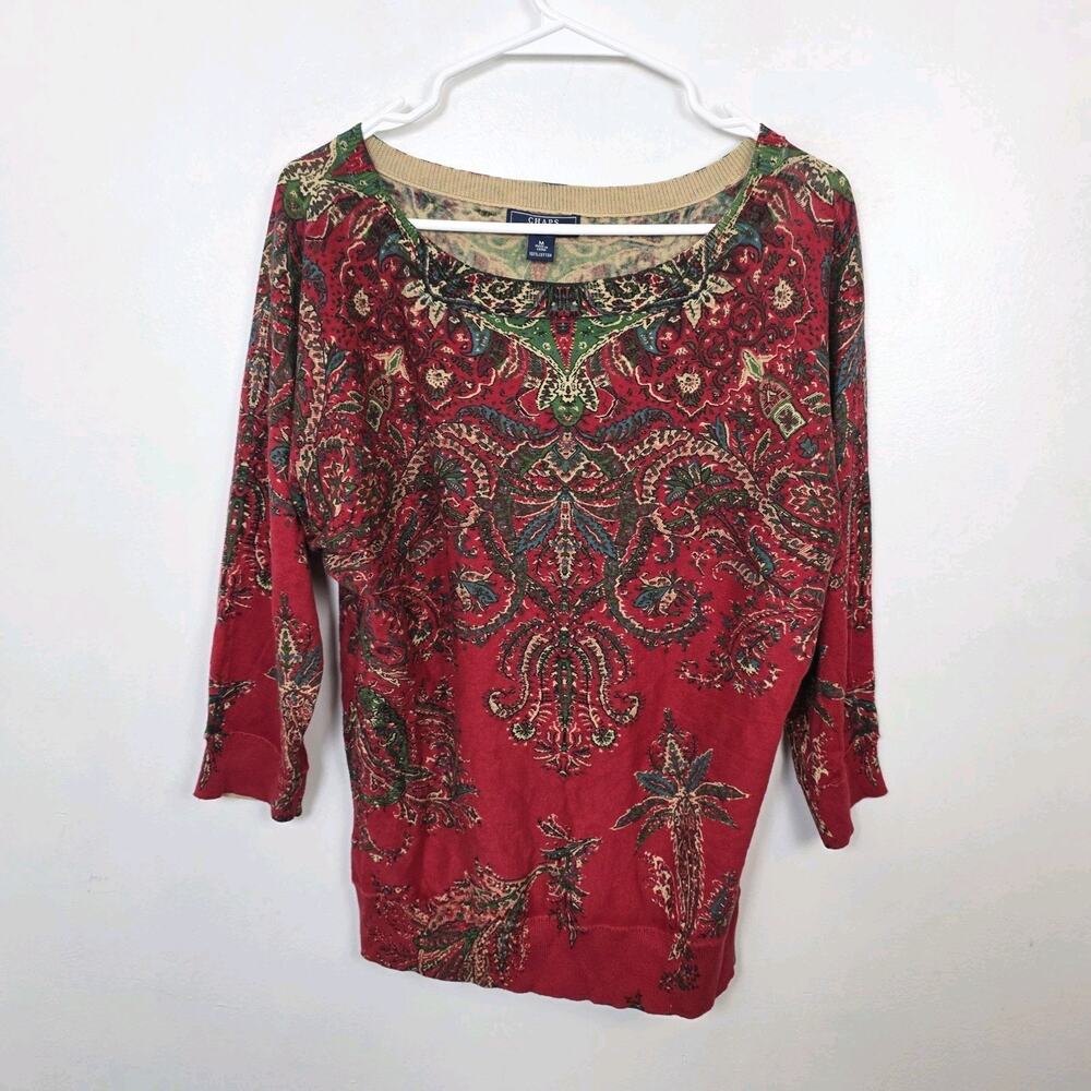 Chaps Red Multicolor Artsy Whimsygoth Lightweight 3/4 Sleeve Sweater Size Medium